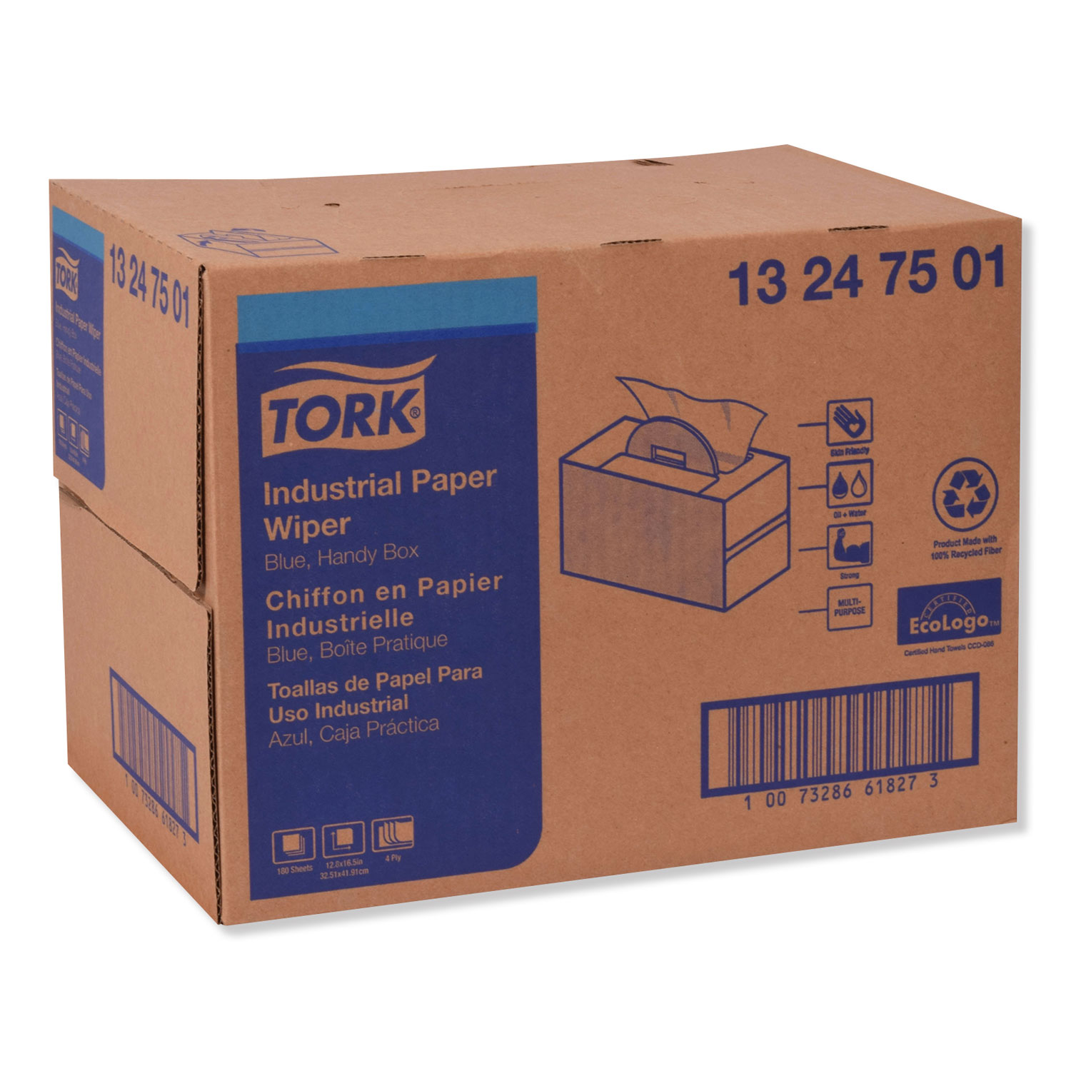 12.8 Width x 16.5 Length Case of 1 Box, 180 Towels Tork 13247501 Industrial Paper Wiper 4-Ply Blue Handy Box 